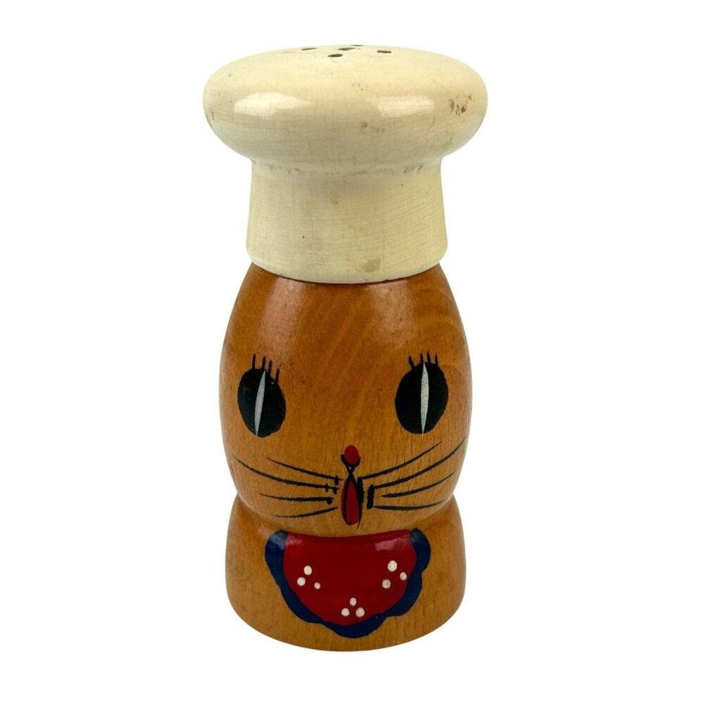 Vintage Japan Salty Cat Wooden Salt Shaker Hand Painted 1950s 1960s Kitsch MCM